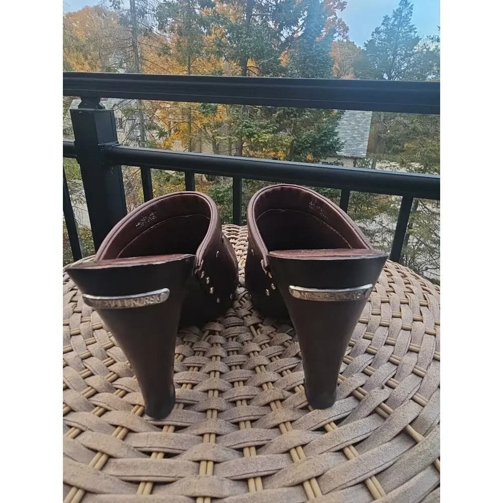 MICHAEL KORS Clogs ASTOR Heels Brown w Silver Studs MK Slip On US 6 $215